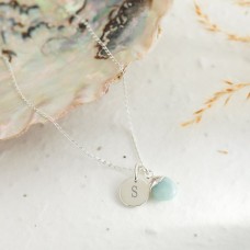 Sterling Silver Aquamarine Necklace - Teardrop Gem with Personalised Initial