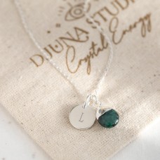 Sterling Silver Emerald Necklace - Teardrop Gem with Personalised Initial
