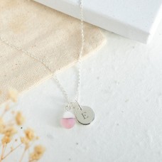 Sterling Silver Pink Opal Necklace - Teardrop Gem with Personalised Initial