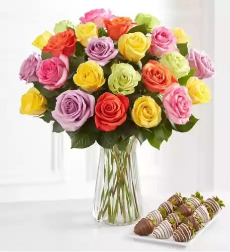 Assorted Roses & Drizzled Strawberries (12 Assorted Roses Bouquet Only & 6ct Gourmet Drizzled Strawberries)