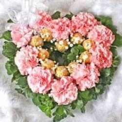 10 Pink Carnations & 10 Ferrero Rocher Heart-Shape Table Arrange