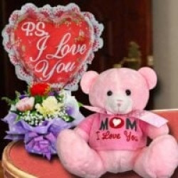(I Love You) Balloon, Bear & Carnations Standing Bouquet