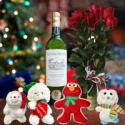 4 X'mas Plush Toys, Roses & White Wine