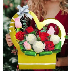 10 Mixed Roses Arrangement in Heart Shape Handle Flower Box