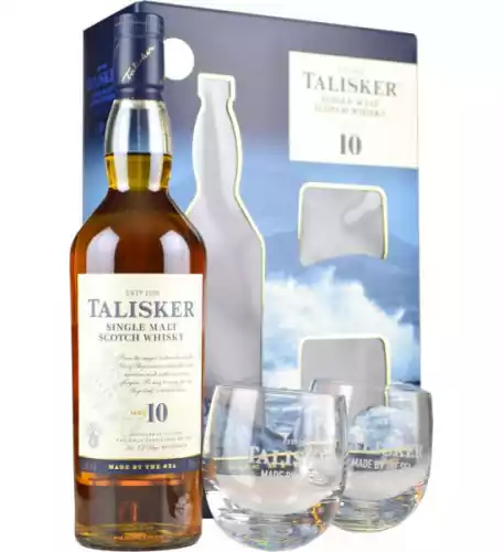 Talisker 10 Year Old Single Malt Whisky 70cl with 2 Glasses Gift Set