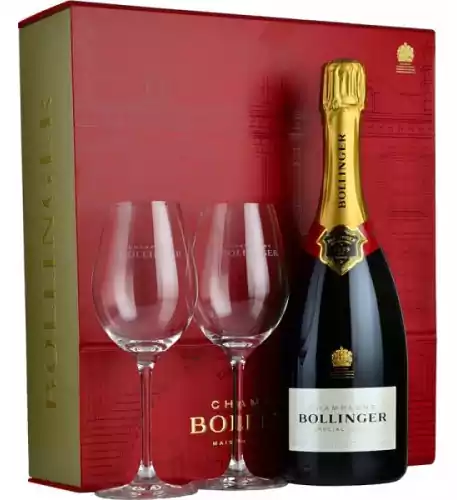 Bollinger Special Cuvee 75cl with 2 Elizabeth Glasses in Red Box