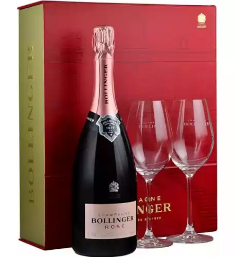 Bollinger Rose NV Champagne 75cl with 2 Elizabeth Glasses in Red Box