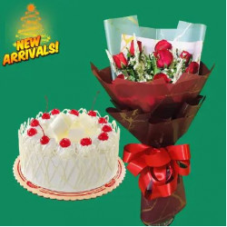 12 Red Roses Bouquet with Xmas Special White Forest Cake