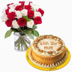 24 Roses Vase with Mother's Day Caramel Cake