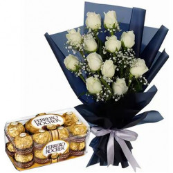 12 White Roses with 16 Ferrero Rocher Box
