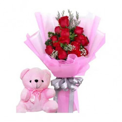 12 Red Rose Bouquet and Pink Teddy Bear