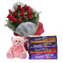12 Red Roses Bouquet,Pink Bear with Cadbury Chocolates#38