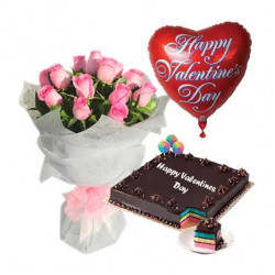 12 Pink Roses, Heart Balloon with Rainbow Cake