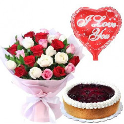 24 Mixed Roses, Mylar Balloon & Blueberry Chesee Cake
