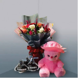 12 Mixed Color Rose Bouquet with Small Bear and Chocolate
