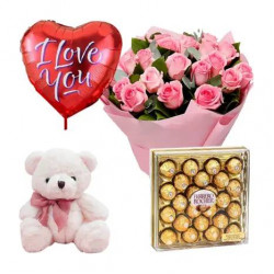 24 Pink Rose with Balloon, Chocolate & Bear