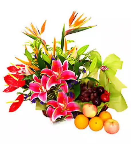 Basket Mix Seasonal Fruit garnish with Mix Flowers-3
