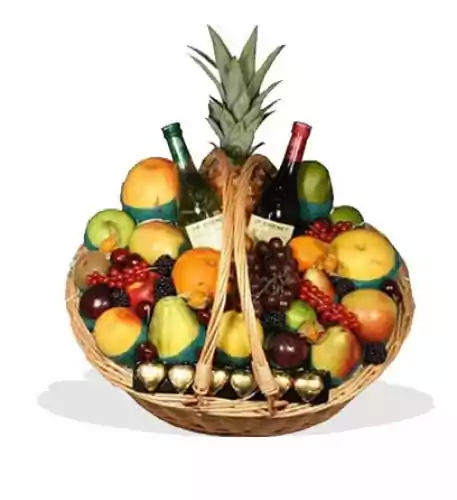 Fruit Basket With Wine And Chocolates