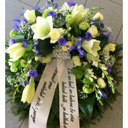 Wreath with blue Irises, white Roses and Lilys
