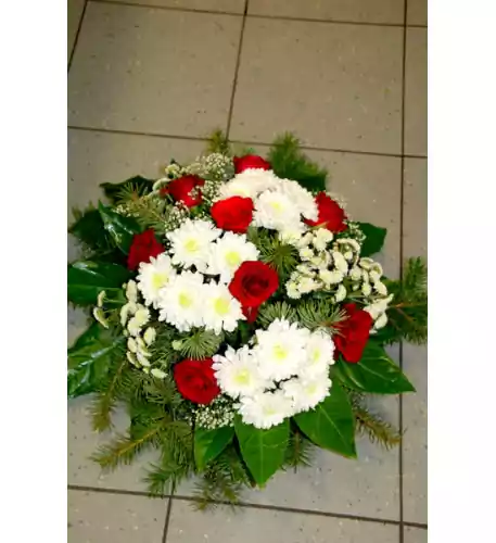 Round-shaped funeral arrangement: red roses and white chrysantemums