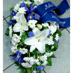 Funeral arrangement: white lilys, chrysanthemum, iris