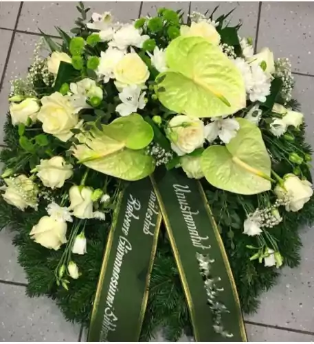 Large wreath: white lilys, creamy roses, orchids