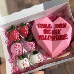 'Will you be my Valentine' Choco-Smash Heart Cake with Dipped Strawberries