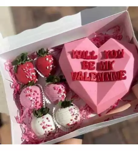 'Will you be my Valentine' Choco-Smash Heart Cake with Dipped Strawberries