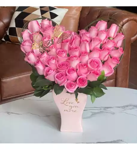 'Love you More' Heart Shaped Roses Vase