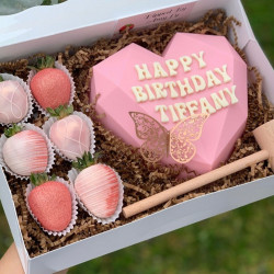 Birthday Pink Choco-Smash Heart Cake with Dipped Strawberries