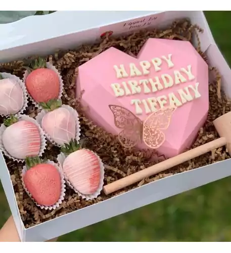 Birthday Pink Choco-Smash Heart Cake with Dipped Strawberries