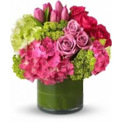 'Pink Blooms' Hydrangea & Roses Flower Vase
