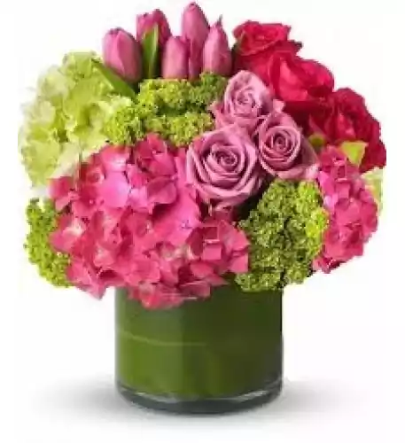 'Pink Blooms' Hydrangea & Roses Flower Vase