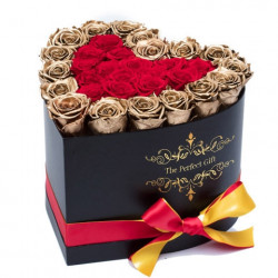 30 Red with Gold Outline Roses in a black Heart Box