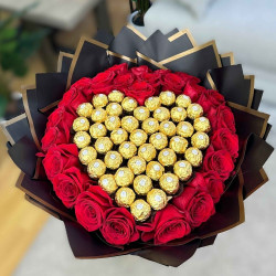 25 Red Roses Heart-Shaped Bouquet with Ferrero Rocher