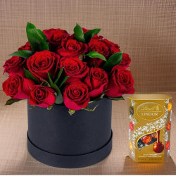 15 Red Roses in a Black Round Box with Lindt Chocolate