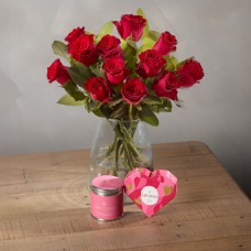 Dozen Red Roses, Chocolates & Candle