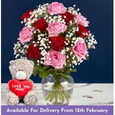 Classic Pink and Red Rose Bouquet With Free Bear