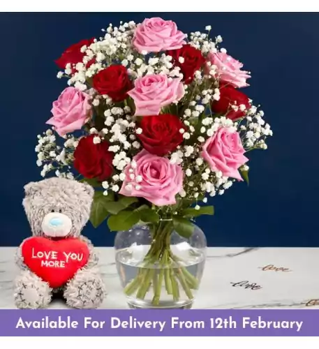 Classic Pink and Red Rose Bouquet With Free Bear