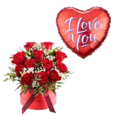 Red Rose Hatbox with I love You Balloon