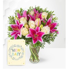 Pink Lilies & Roses with New Baby Card (Standard)