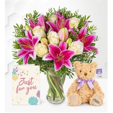 Pink Lilies & Roses with Teddy & Card (Standard)