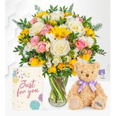 Rose and Freesia with Teddy & Card (Standard)