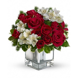 18 Red Roses & White Alstroemeria in glass vase