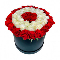 51 Red and White roses in a Round Black Box