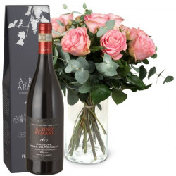 12 Pink Roses with greenery and Amarone Albino Armani DOCG (75 cl)