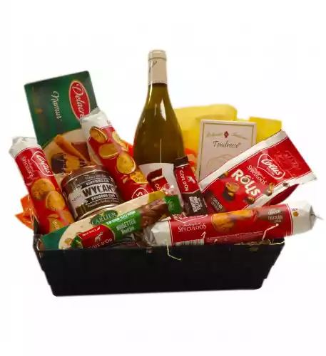 Belgian gift basket with a French white Chablis wine