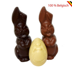 Duo laughing bunnies and white Easter egg chocolate Callebaut