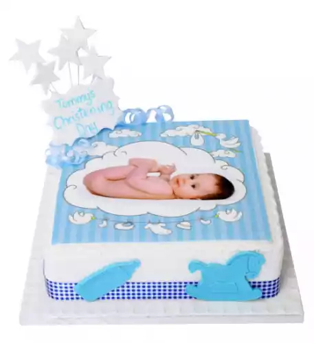 Baby Boy Christening Photo Cake