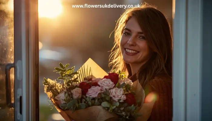 birthday gift delivery flowers at the door Relevance: Illustrates the joy of flower delivery Placement: After Section 1